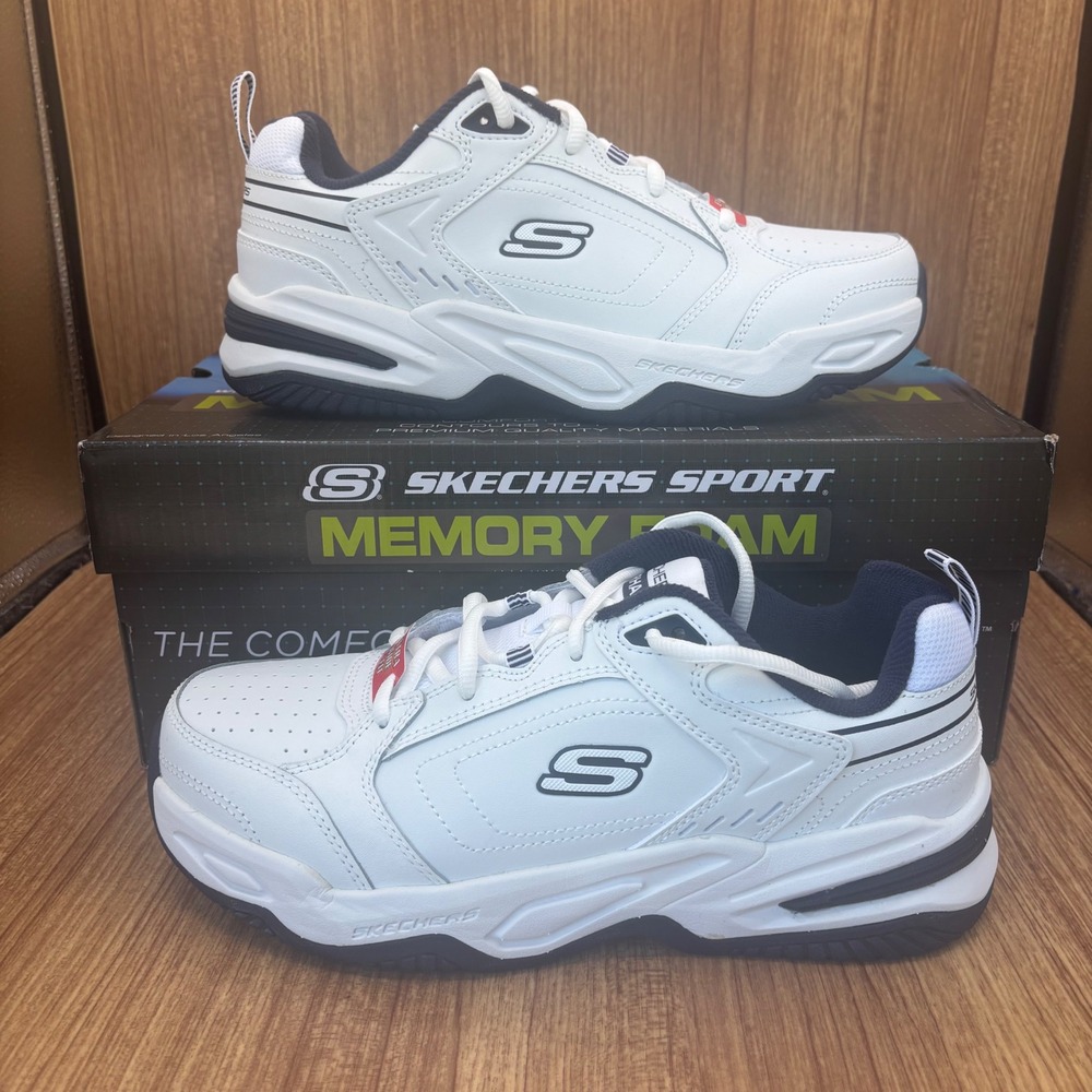 New Skechers Durham Sport Men 8.5 White Navy Extra Wide Fit Memory Foam Sneakers